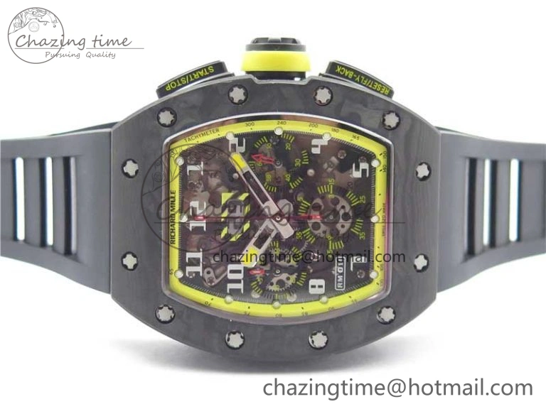 RM011 NTPT Carbon Chrono KVF 1:1 Best Edition Crystal Skeleton Dial Yellow Inner Bezel on Black Rubber Strap A7750