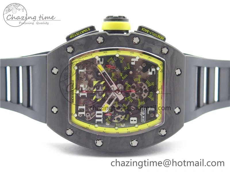 RM011 NTPT Carbon Chrono KVF 1:1 Best Edition Crystal Skeleton Dial Yellow Inner Bezel on Black Rubber Strap A7750