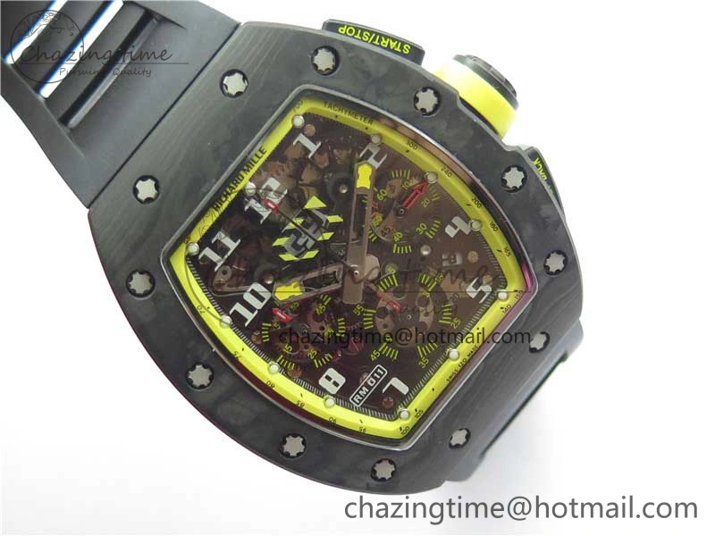 RM011 NTPT Carbon Chrono KVF 1:1 Best Edition Crystal Skeleton Dial Yellow Inner Bezel on Black Rubber Strap A7750