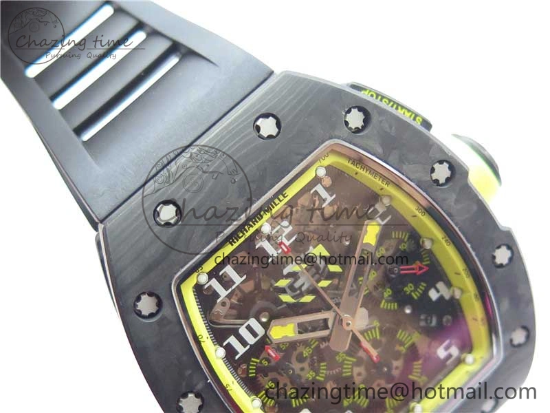 RM011 NTPT Carbon Chrono KVF 1:1 Best Edition Crystal Skeleton Dial Yellow Inner Bezel on Black Rubber Strap A7750