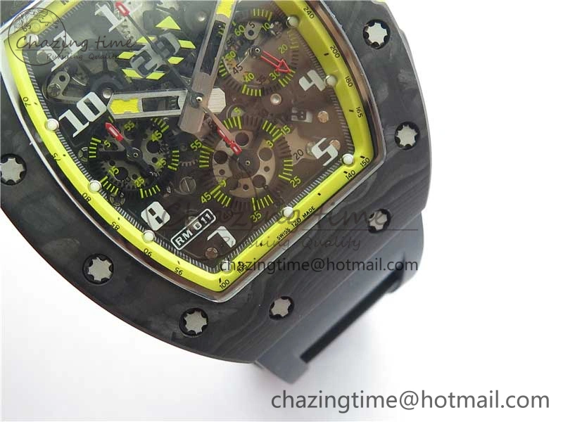 RM011 NTPT Carbon Chrono KVF 1:1 Best Edition Crystal Skeleton Dial Yellow Inner Bezel on Black Rubber Strap A7750
