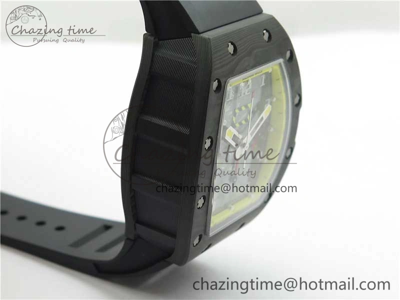RM011 NTPT Carbon Chrono KVF 1:1 Best Edition Crystal Skeleton Dial Yellow Inner Bezel on Black Rubber Strap A7750