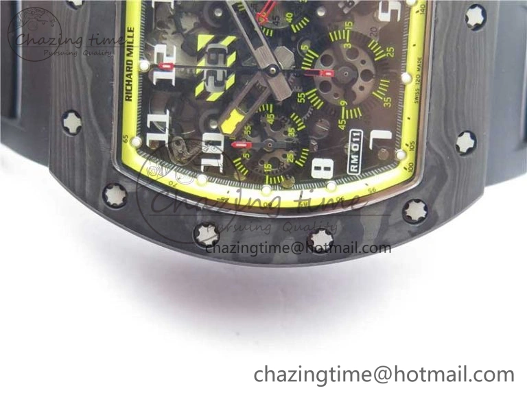 RM011 NTPT Carbon Chrono KVF 1:1 Best Edition Crystal Skeleton Dial Yellow Inner Bezel on Black Rubber Strap A7750