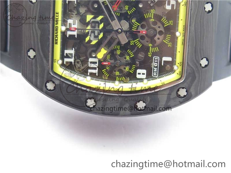 RM011 NTPT Carbon Chrono KVF 1:1 Best Edition Crystal Skeleton Dial Yellow Inner Bezel on Black Rubber Strap A7750