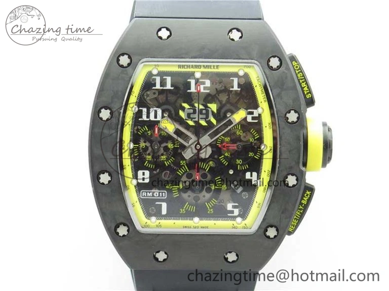 RM011 NTPT Carbon Chrono KVF 1:1 Best Edition Crystal Skeleton Dial Yellow Inner Bezel on Black Rubber Strap A7750