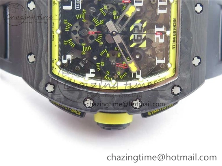 RM011 NTPT Carbon Chrono KVF 1:1 Best Edition Crystal Skeleton Dial Yellow Inner Bezel on Black Rubber Strap A7750
