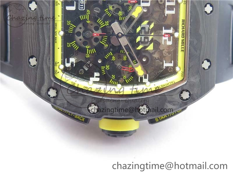 RM011 NTPT Carbon Chrono KVF 1:1 Best Edition Crystal Skeleton Dial Yellow Inner Bezel on Black Rubber Strap A7750