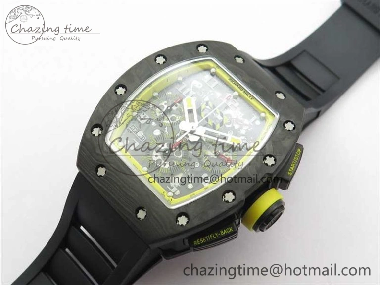RM011 NTPT Carbon Chrono KVF 1:1 Best Edition Crystal Skeleton Dial Yellow Inner Bezel on Black Rubber Strap A7750