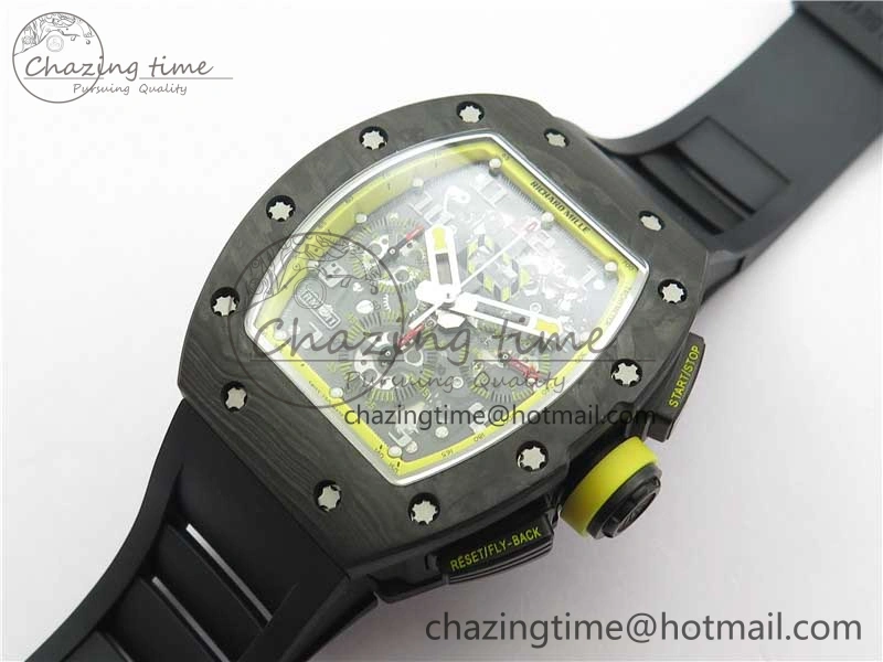 RM011 NTPT Carbon Chrono KVF 1:1 Best Edition Crystal Skeleton Dial Yellow Inner Bezel on Black Rubber Strap A7750