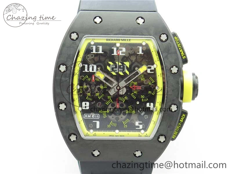 RM011 NTPT Carbon Chrono KVF 1:1 Best Edition Crystal Skeleton Dial Yellow Inner Bezel on Black Rubber Strap A7750
