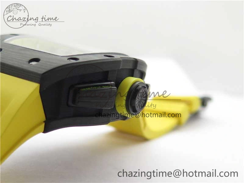RM011 NTPT Carbon Chrono KVF 1:1 Best Edition Crystal Skeleton Dial Yellow Inner Bezel on Yellow Rubber Strap A7750
