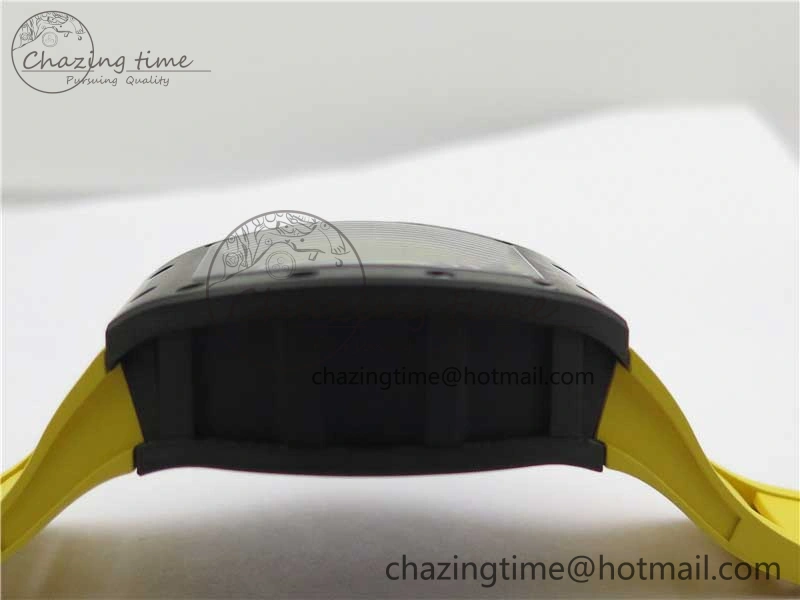 RM011 NTPT Carbon Chrono KVF 1:1 Best Edition Crystal Skeleton Dial Yellow Inner Bezel on Yellow Rubber Strap A7750