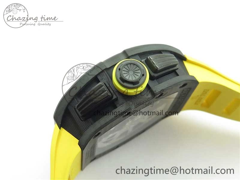 RM011 NTPT Carbon Chrono KVF 1:1 Best Edition Crystal Skeleton Dial Yellow Inner Bezel on Yellow Rubber Strap A7750