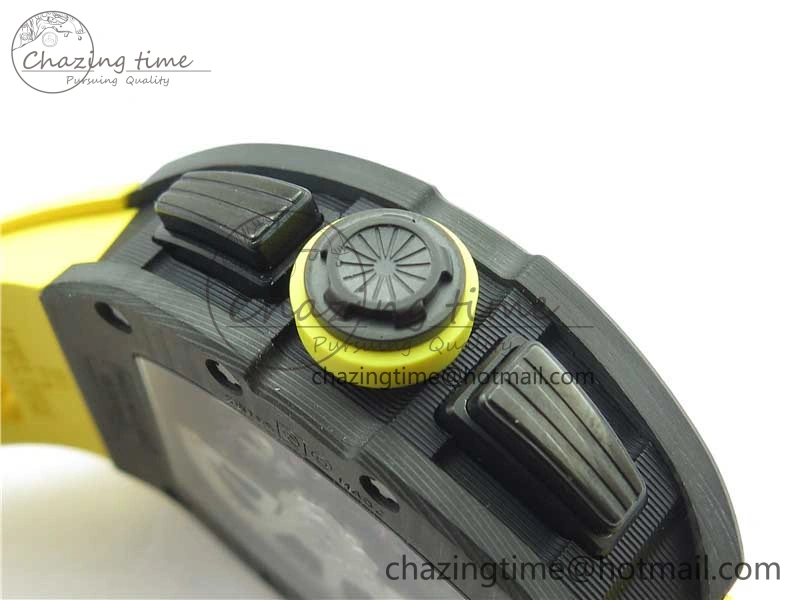 RM011 NTPT Carbon Chrono KVF 1:1 Best Edition Crystal Skeleton Dial Yellow Inner Bezel on Yellow Rubber Strap A7750