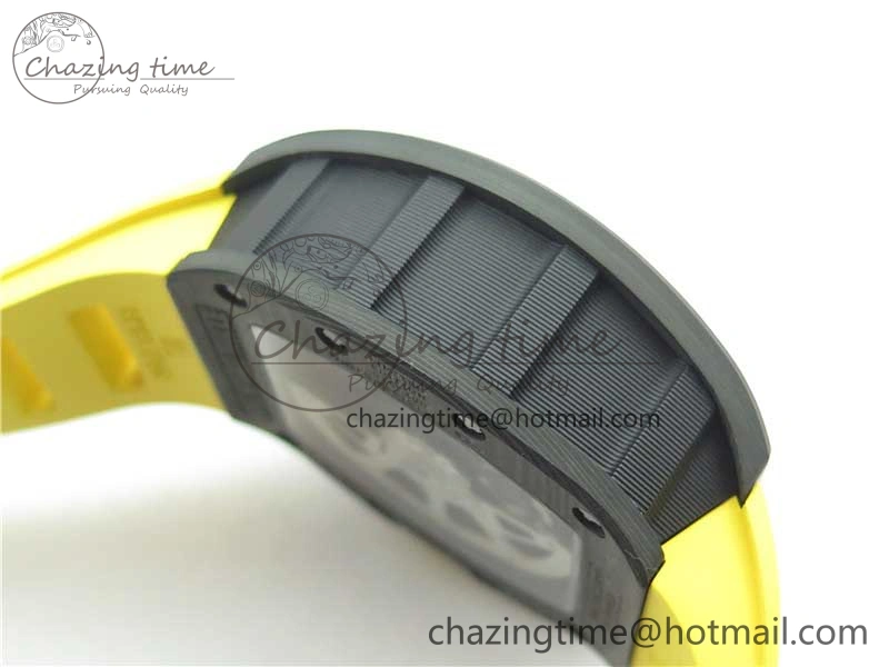 RM011 NTPT Carbon Chrono KVF 1:1 Best Edition Crystal Skeleton Dial Yellow Inner Bezel on Yellow Rubber Strap A7750