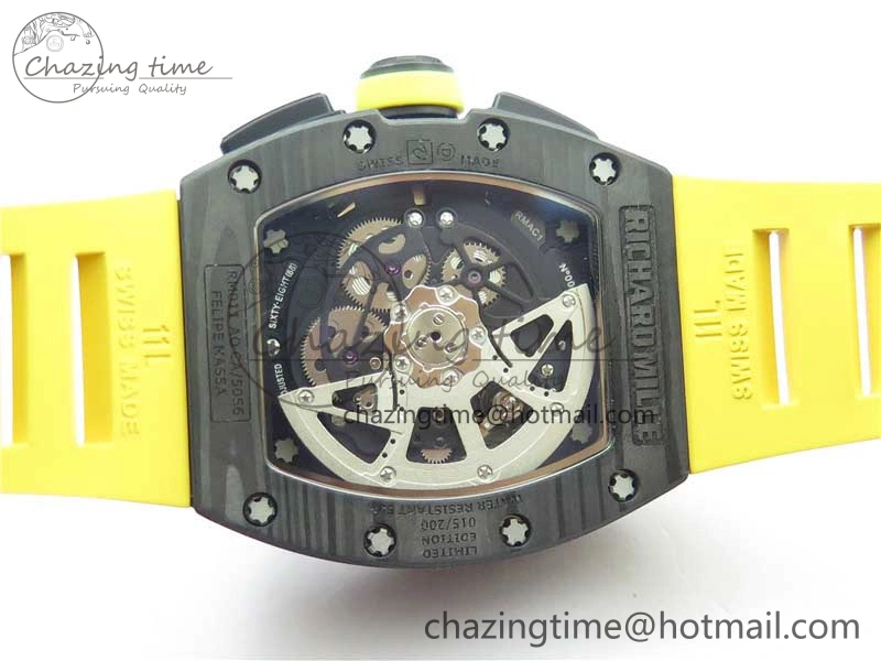 RM011 NTPT Carbon Chrono KVF 1:1 Best Edition Crystal Skeleton Dial Yellow Inner Bezel on Yellow Rubber Strap A7750