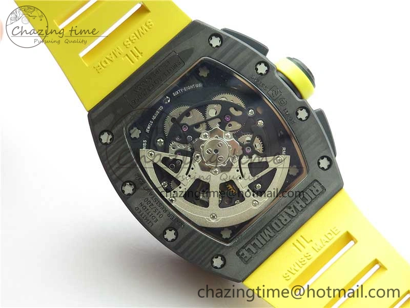 RM011 NTPT Carbon Chrono KVF 1:1 Best Edition Crystal Skeleton Dial Yellow Inner Bezel on Yellow Rubber Strap A7750
