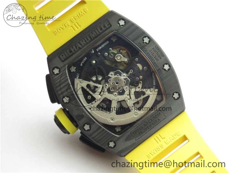 RM011 NTPT Carbon Chrono KVF 1:1 Best Edition Crystal Skeleton Dial Yellow Inner Bezel on Yellow Rubber Strap A7750