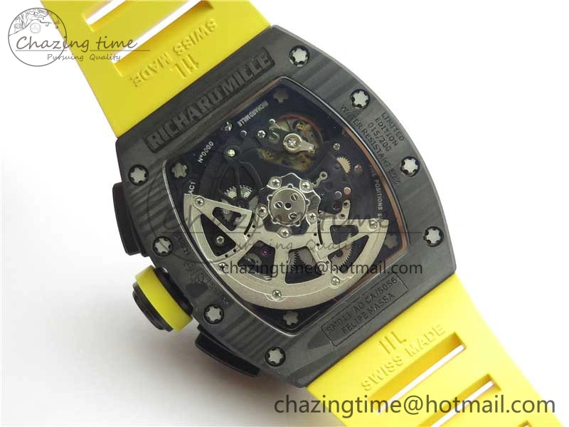 RM011 NTPT Carbon Chrono KVF 1:1 Best Edition Crystal Skeleton Dial Yellow Inner Bezel on Yellow Rubber Strap A7750