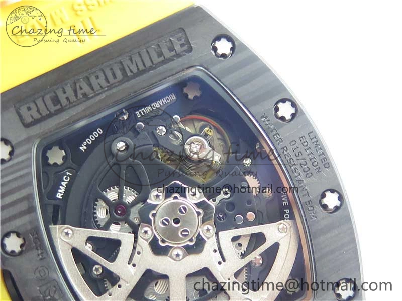 RM011 NTPT Carbon Chrono KVF 1:1 Best Edition Crystal Skeleton Dial Yellow Inner Bezel on Yellow Rubber Strap A7750
