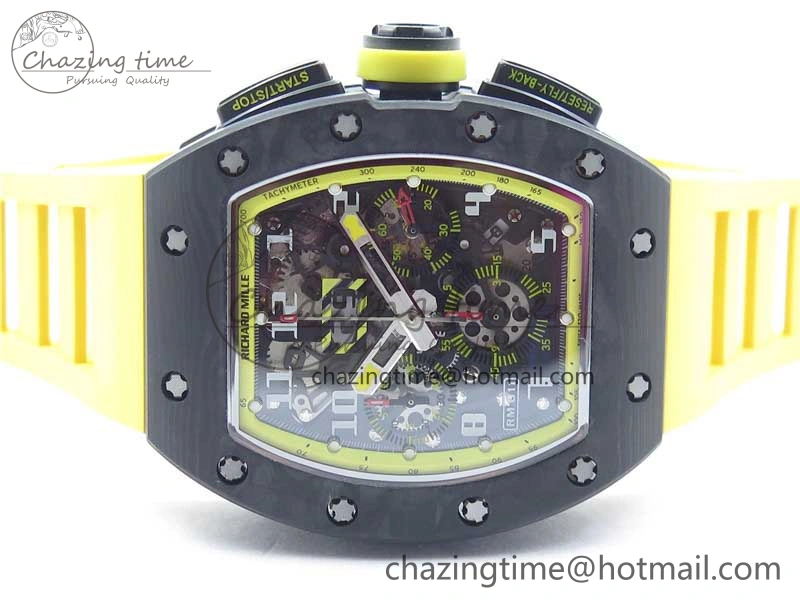 RM011 NTPT Carbon Chrono KVF 1:1 Best Edition Crystal Skeleton Dial Yellow Inner Bezel on Yellow Rubber Strap A7750