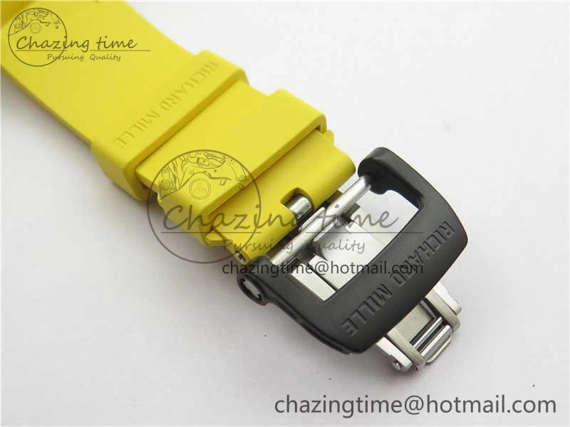 RM011 NTPT Carbon Chrono KVF 1:1 Best Edition Crystal Skeleton Dial Yellow Inner Bezel on Yellow Rubber Strap A7750