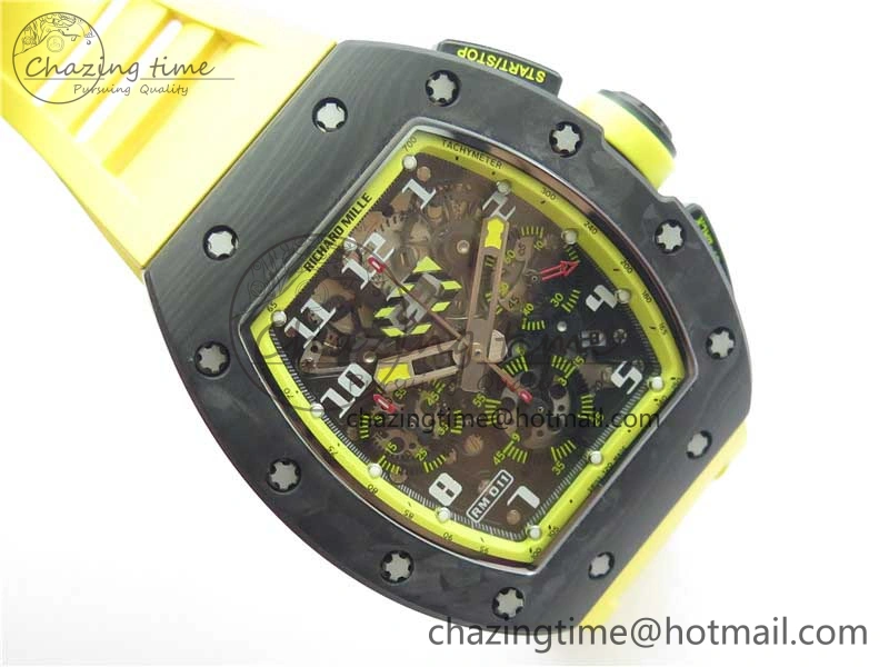RM011 NTPT Carbon Chrono KVF 1:1 Best Edition Crystal Skeleton Dial Yellow Inner Bezel on Yellow Rubber Strap A7750