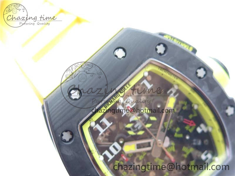 RM011 NTPT Carbon Chrono KVF 1:1 Best Edition Crystal Skeleton Dial Yellow Inner Bezel on Yellow Rubber Strap A7750