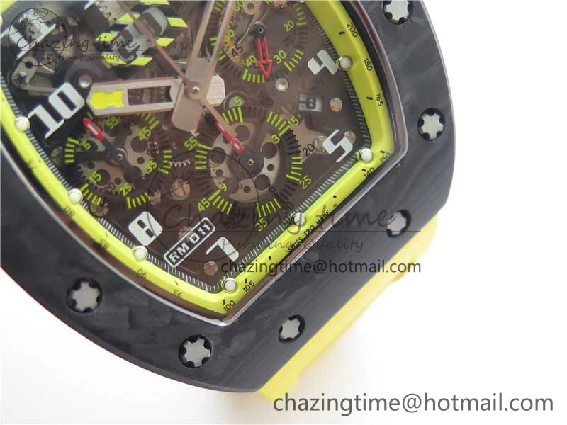 RM011 NTPT Carbon Chrono KVF 1:1 Best Edition Crystal Skeleton Dial Yellow Inner Bezel on Yellow Rubber Strap A7750