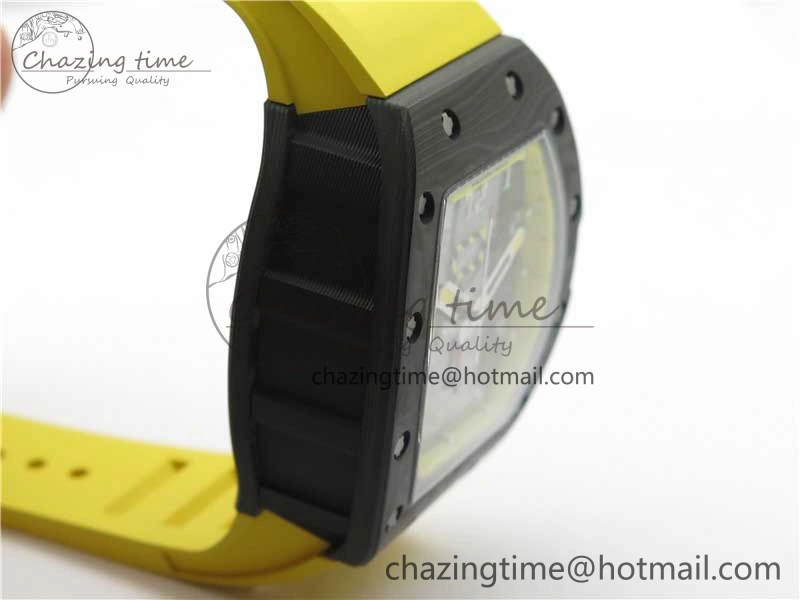 RM011 NTPT Carbon Chrono KVF 1:1 Best Edition Crystal Skeleton Dial Yellow Inner Bezel on Yellow Rubber Strap A7750