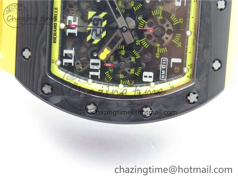 RM011 NTPT Carbon Chrono KVF 1:1 Best Edition Crystal Skeleton Dial Yellow Inner Bezel on Yellow Rubber Strap A7750