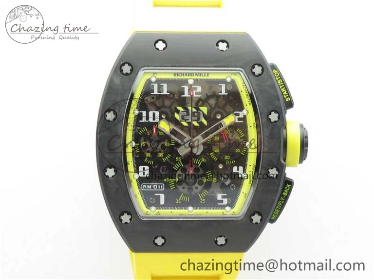 RM011 NTPT Carbon Chrono KVF 1:1 Best Edition Crystal Skeleton Dial Yellow Inner Bezel on Yellow Rubber Strap A7750