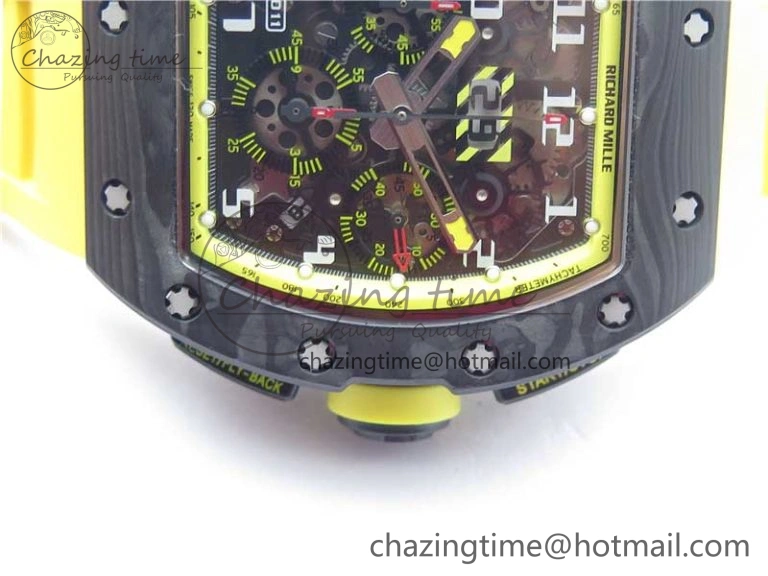 RM011 NTPT Carbon Chrono KVF 1:1 Best Edition Crystal Skeleton Dial Yellow Inner Bezel on Yellow Rubber Strap A7750
