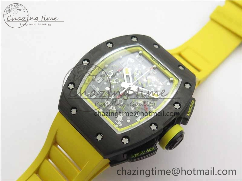 RM011 NTPT Carbon Chrono KVF 1:1 Best Edition Crystal Skeleton Dial Yellow Inner Bezel on Yellow Rubber Strap A7750