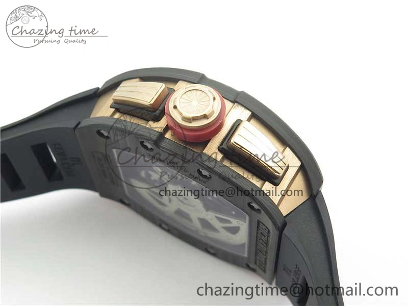 RM011 RG Case Carbon Bezel Chronograph KVF 1:1 Best Edition Skeleton Dial Red RG on Black Rubber Strap A7750 V2