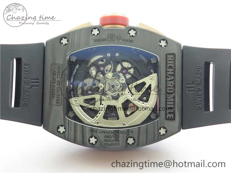 RM011 RG Case Carbon Bezel Chronograph KVF 1:1 Best Edition Skeleton Dial Red RG on Black Rubber Strap A7750 V2