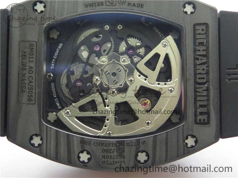 RM011 RG Case Carbon Bezel Chronograph KVF 1:1 Best Edition Skeleton Dial Red RG on Black Rubber Strap A7750 V2