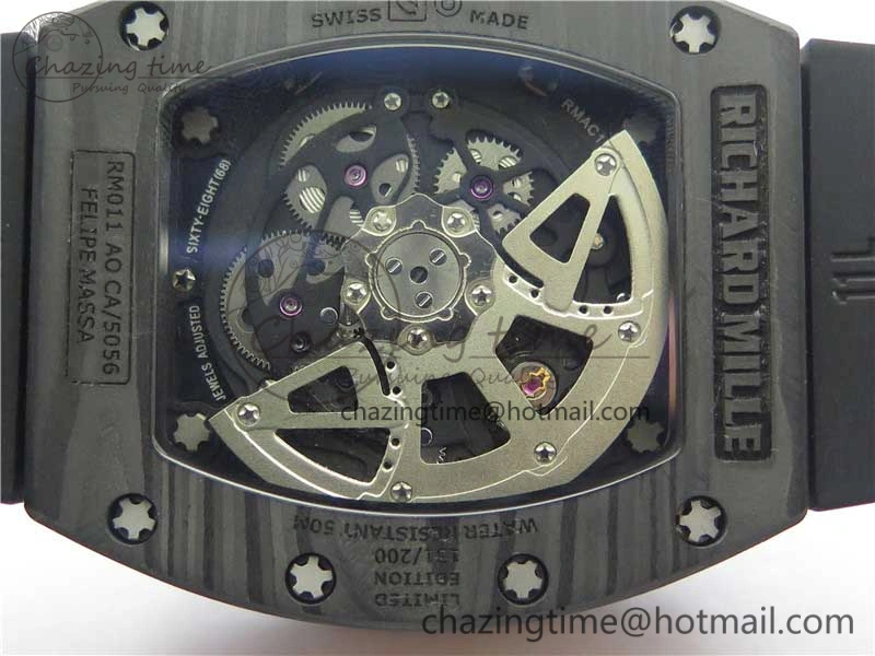 RM011 RG Case Carbon Bezel Chronograph KVF 1:1 Best Edition Skeleton Dial Red RG on Black Rubber Strap A7750 V2