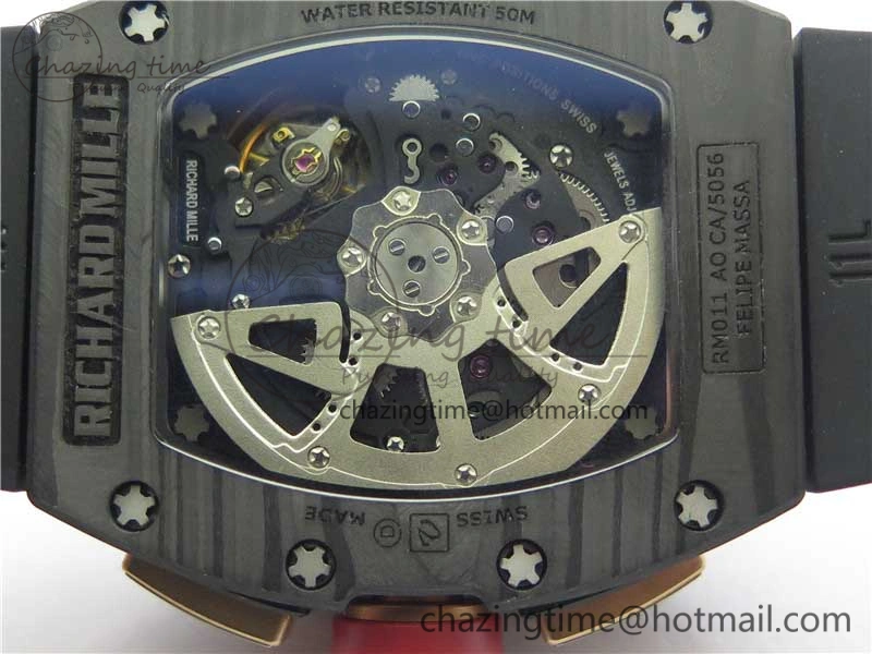 RM011 RG Case Carbon Bezel Chronograph KVF 1:1 Best Edition Skeleton Dial Red RG on Black Rubber Strap A7750 V2