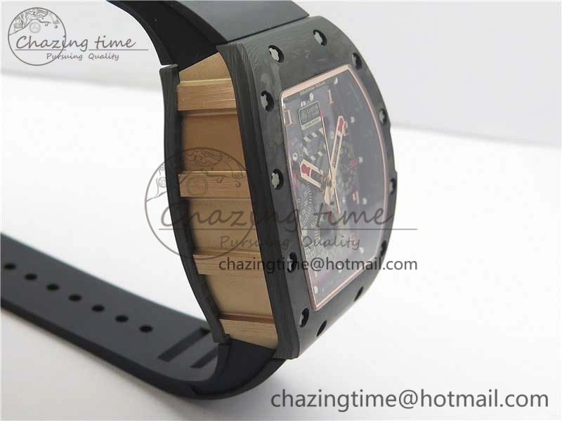 RM011 RG Case Carbon Bezel Chronograph KVF 1:1 Best Edition Skeleton Dial Red RG on Black Rubber Strap A7750 V2