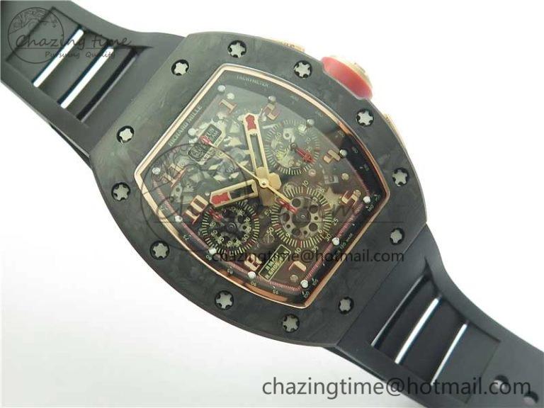 RM011 RG Case Carbon Bezel Chronograph KVF 1:1 Best Edition Skeleton Dial Red RG on Black Rubber Strap A7750 V2