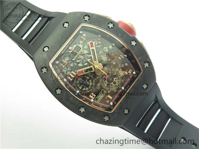RM011 RG Case Carbon Bezel Chronograph KVF 1:1 Best Edition Skeleton Dial Red RG on Black Rubber Strap A7750 V2