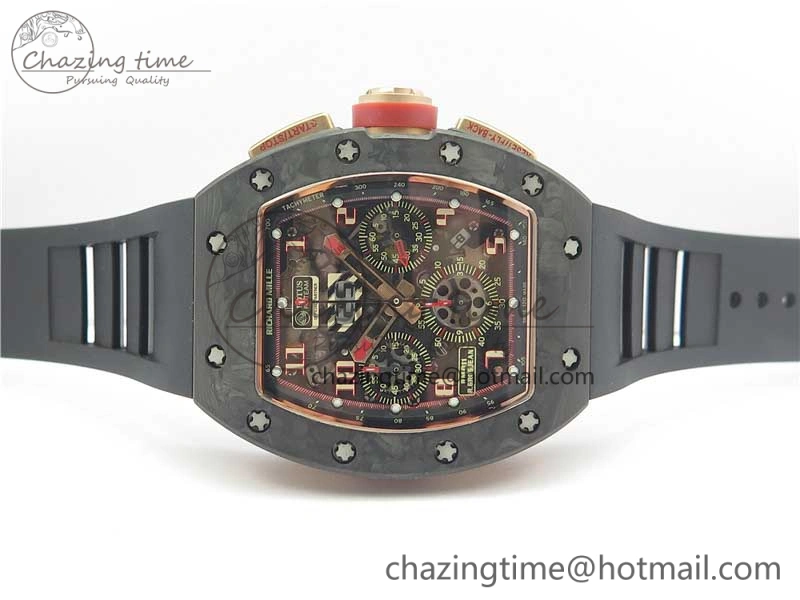 RM011 RG Case Carbon Bezel Chronograph KVF 1:1 Best Edition Skeleton Dial Red RG on Black Rubber Strap A7750 V2