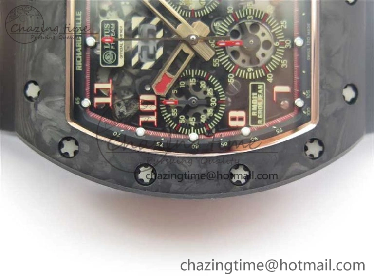 RM011 RG Case Carbon Bezel Chronograph KVF 1:1 Best Edition Skeleton Dial Red RG on Black Rubber Strap A7750 V2