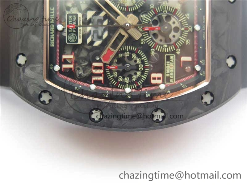 RM011 RG Case Carbon Bezel Chronograph KVF 1:1 Best Edition Skeleton Dial Red RG on Black Rubber Strap A7750 V2