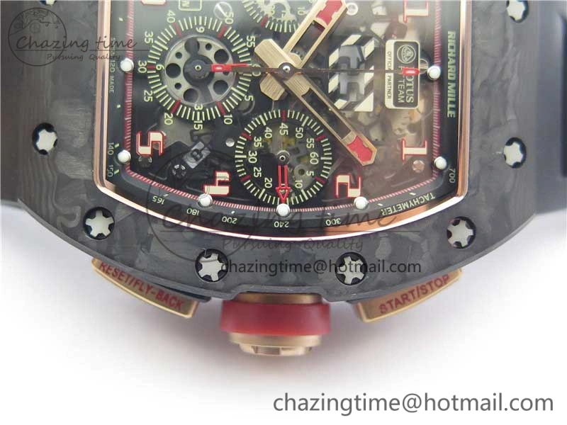 RM011 RG Case Carbon Bezel Chronograph KVF 1:1 Best Edition Skeleton Dial Red RG on Black Rubber Strap A7750 V2