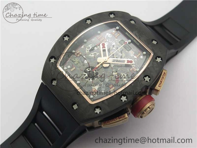 RM011 RG Case Carbon Bezel Chronograph KVF 1:1 Best Edition Skeleton Dial Red RG on Black Rubber Strap A7750 V2