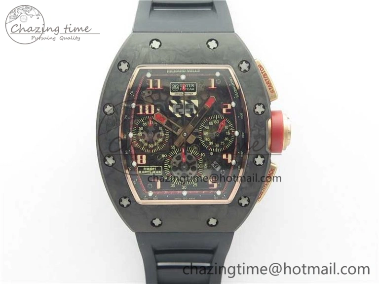 RM011 RG Case Carbon Bezel Chronograph KVF 1:1 Best Edition Skeleton Dial Red RG on Black Rubber Strap A7750 V2