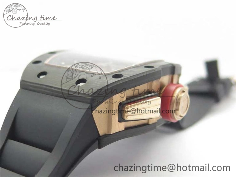 RM011 RG Case Carbon Bezel Chronograph KVF 1:1 Best Edition Skeleton Dial Red RG on Black Rubber Strap A7750 V2