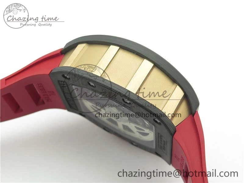 RM011 RG Case Carbon Bezel Chronograph KVF 1:1 Best Edition Skeleton Dial Red RG on Red Rubber Strap A7750 V2